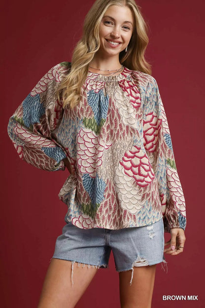 Umgee Boho Feather Print Peasant Blouse - Bitsy Gypsy Boutique