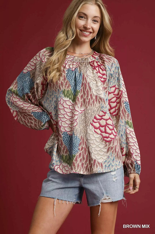 Umgee Boho Feather Print Peasant Blouse - Bitsy Gypsy Boutique