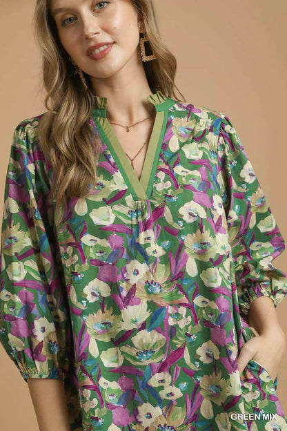 Umgee Boho Floral Balloon Sleeve Mini Dress - Bitsy Gypsy Boutique