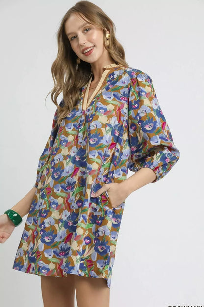 Umgee Boho Floral Balloon Sleeve Mini Dress - Bitsy Gypsy Boutique