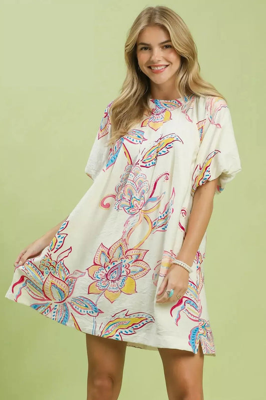 Umgee Boho Floral Print Mini Dress with Pockets - Bitsy Gypsy Boutique
