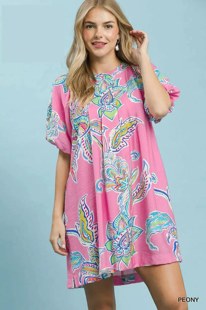 Umgee Boho Floral Print Mini Dress with Pockets - Bitsy Gypsy Boutique