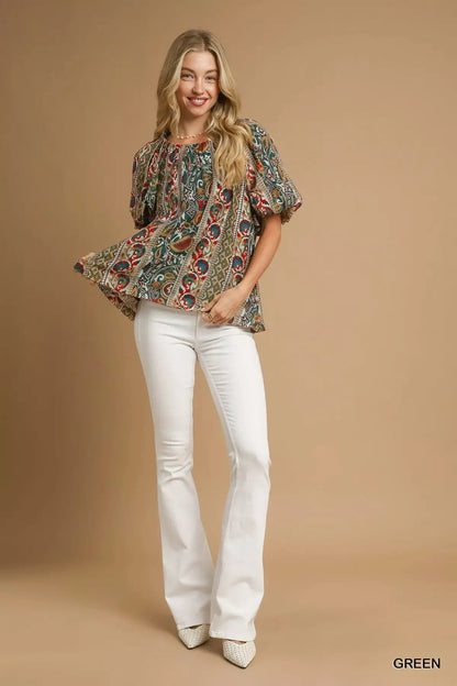 Umgee Boho Floral Stripe Puff Sleeve Blouse - Bitsy Gypsy Boutique