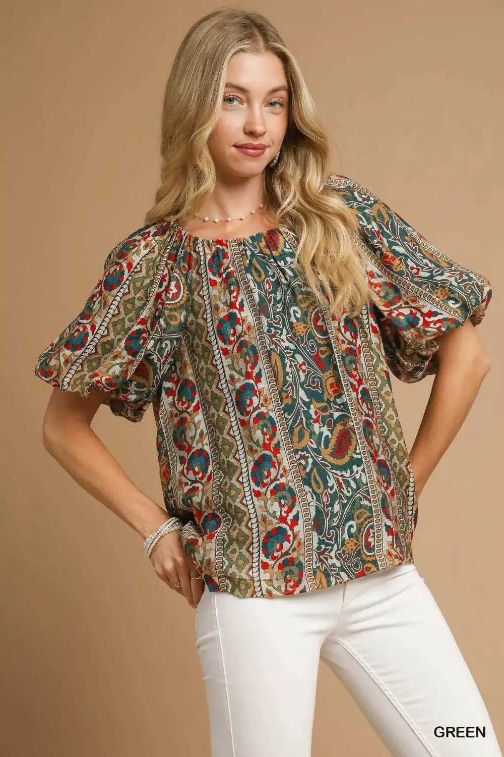 Umgee Boho Floral Stripe Puff Sleeve Blouse - Bitsy Gypsy Boutique