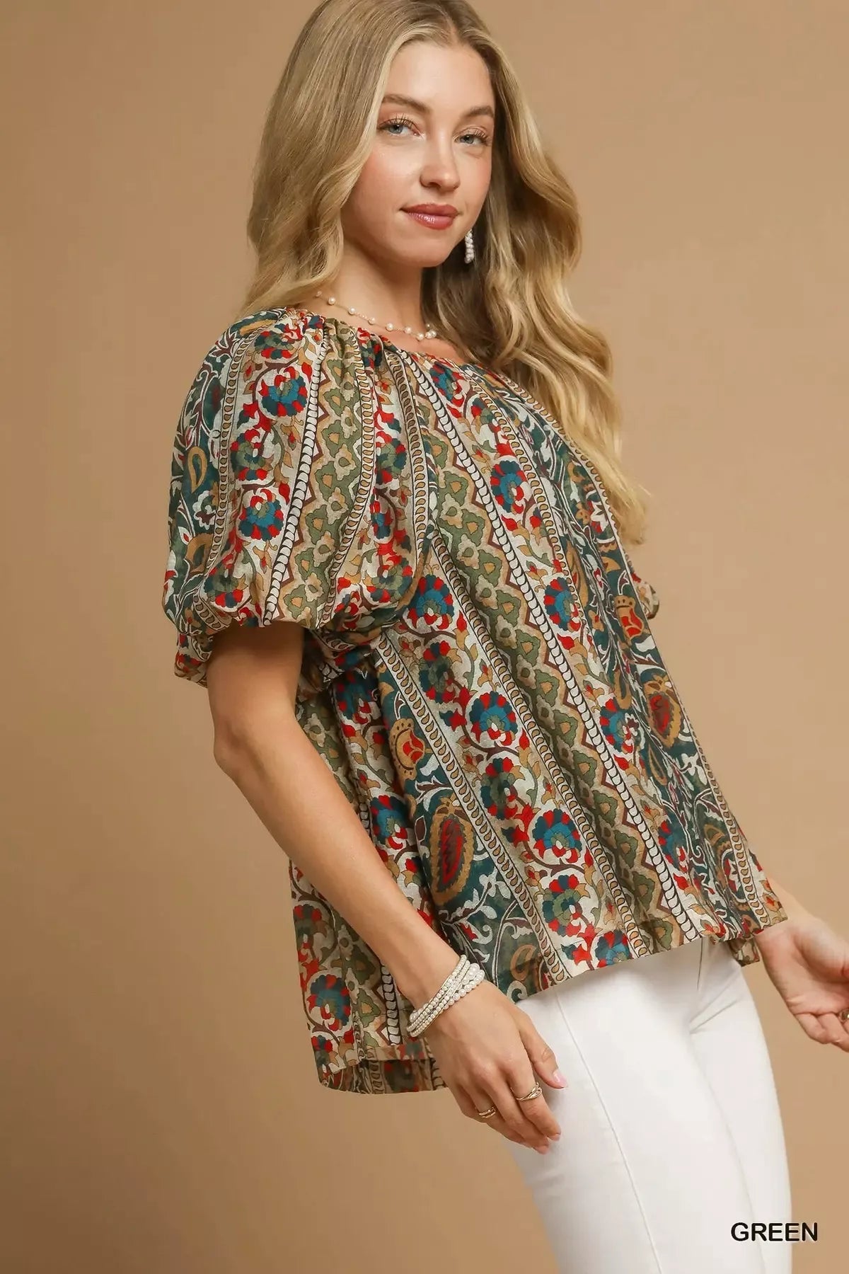 Umgee Boho Floral Stripe Puff Sleeve Blouse - Bitsy Gypsy Boutique