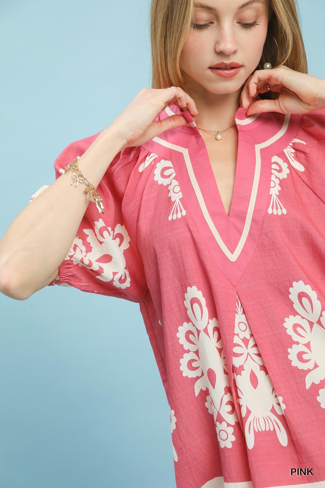 Umgee Boho Print Split - Neck Short Sleeve Top - Bitsy Gypsy Boutique