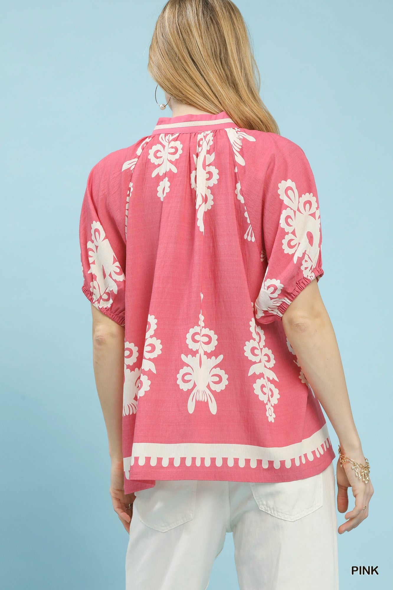 Umgee Boho Print Split - Neck Short Sleeve Top - Bitsy Gypsy Boutique