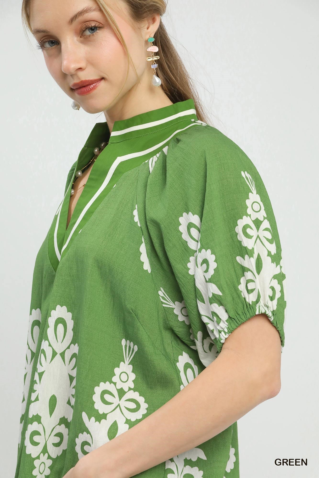 Umgee Boho Print Split - Neck Short Sleeve Top - Bitsy Gypsy Boutique