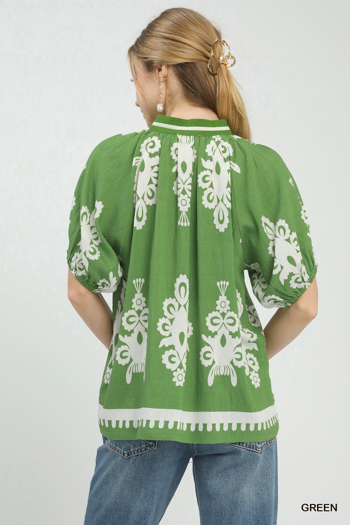 Umgee Boho Print Split - Neck Short Sleeve Top - Bitsy Gypsy Boutique