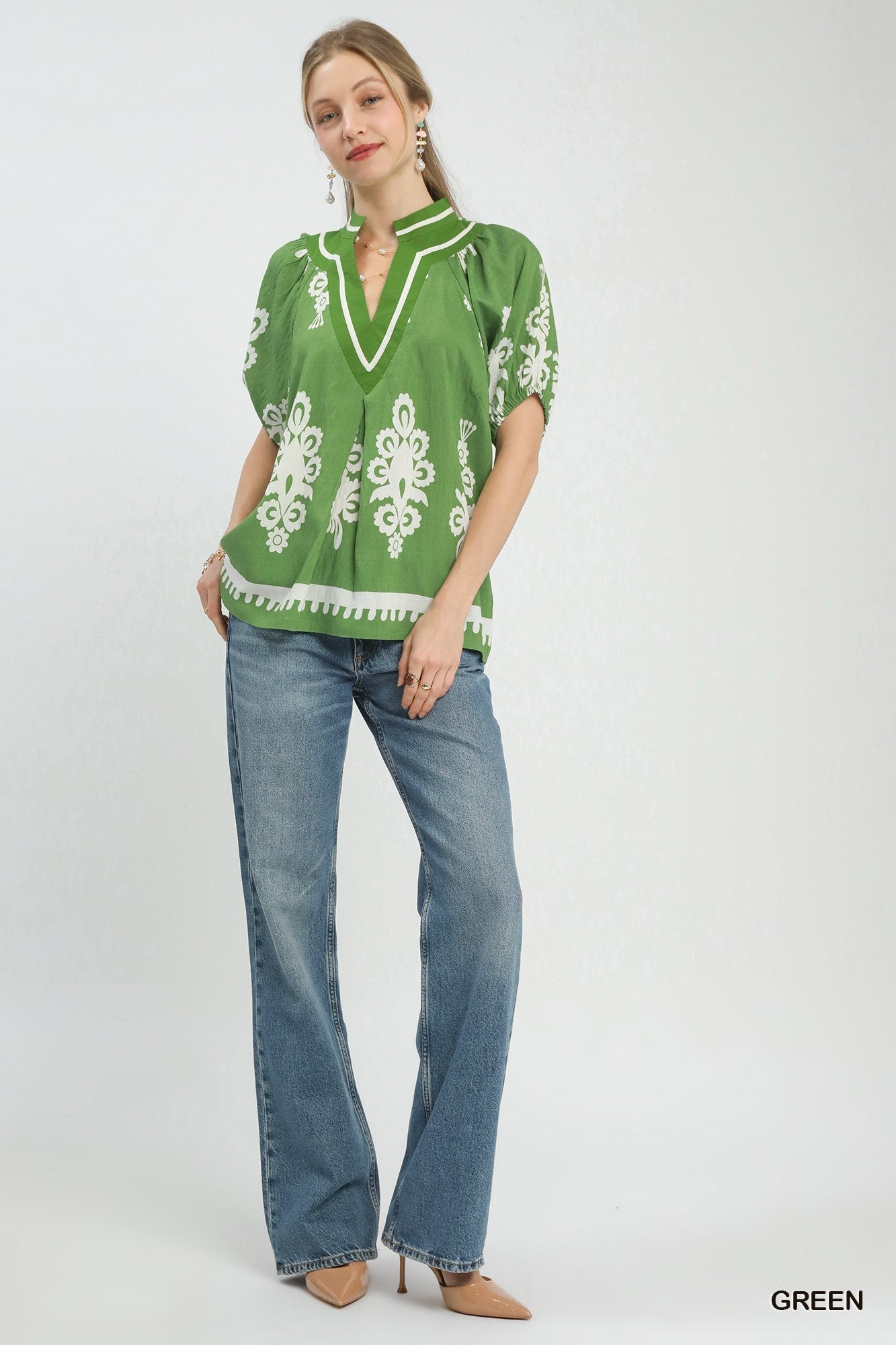 Umgee Boho Print Split - Neck Short Sleeve Top - Bitsy Gypsy Boutique
