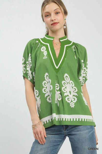 Umgee Boho Print Split - Neck Short Sleeve Top - Bitsy Gypsy Boutique