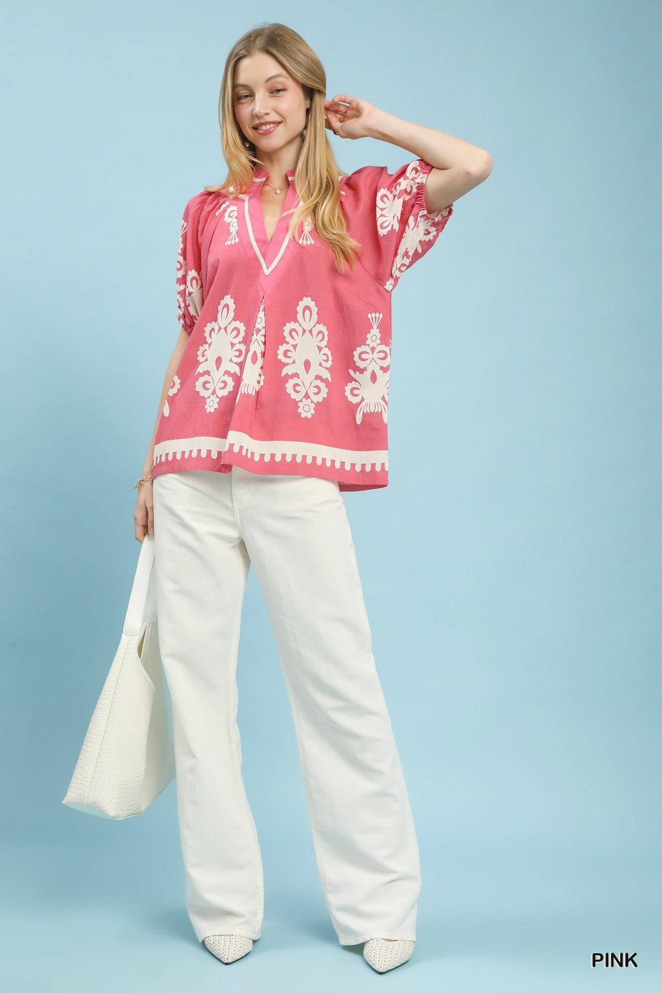 Umgee Boho Print Split - Neck Short Sleeve Top - Bitsy Gypsy Boutique