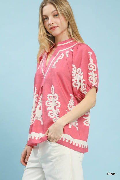 Umgee Boho Print Split - Neck Short Sleeve Top - Bitsy Gypsy Boutique