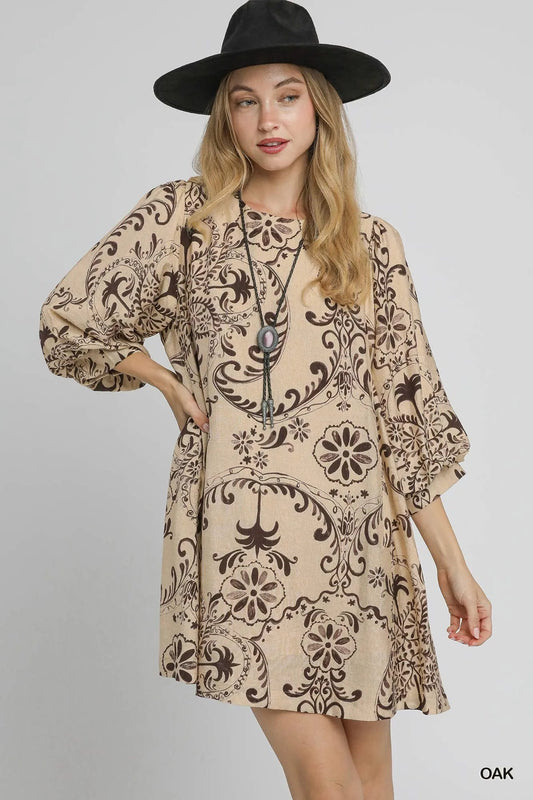 Umgee Boho Printed Balloon Sleeve Mini Dress - Bitsy Gypsy Boutique