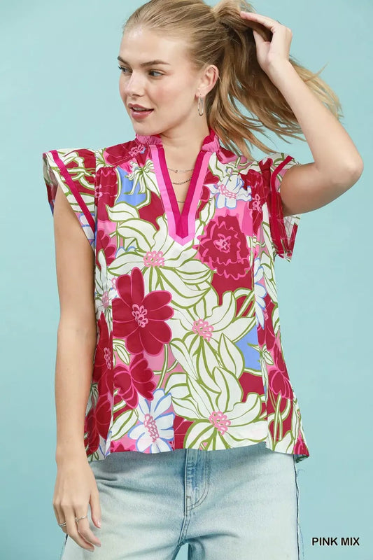 Umgee Bold Floral Flutter Sleeve Top - Bitsy Gypsy Boutique
