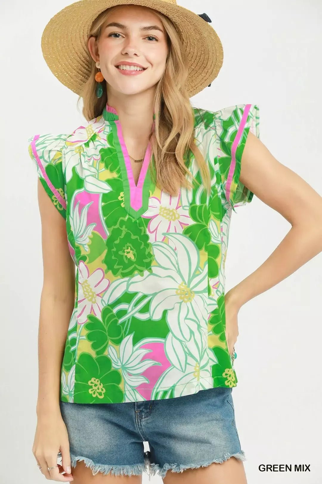 Umgee Bold Floral Flutter Sleeve Top - Bitsy Gypsy Boutique