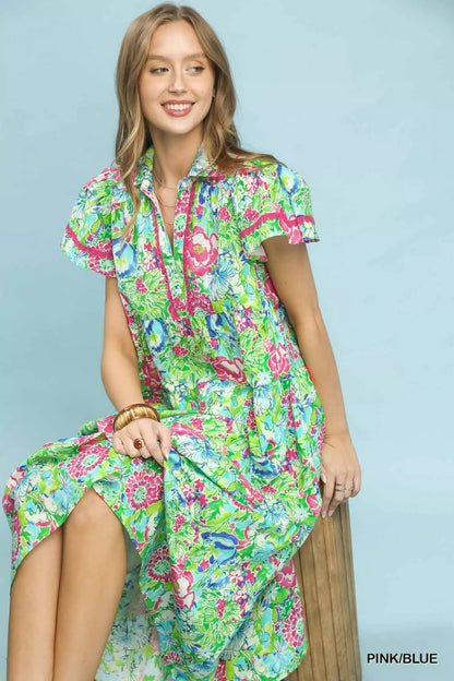 Umgee Bold Mixed Floral Tiered Midi Dress - Bitsy Gypsy Boutique