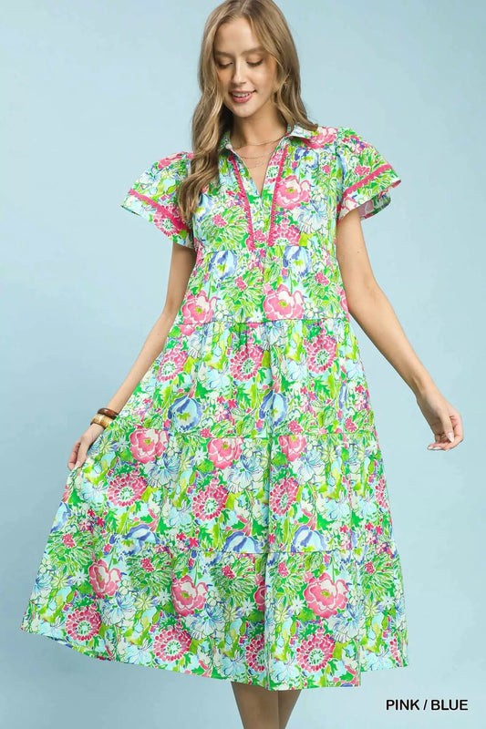 Umgee Bold Mixed Floral Tiered Midi Dress - Bitsy Gypsy Boutique