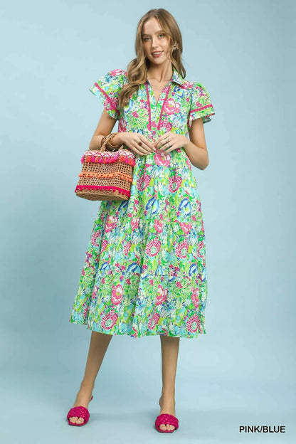 Umgee Bold Mixed Floral Tiered Midi Dress - Bitsy Gypsy Boutique