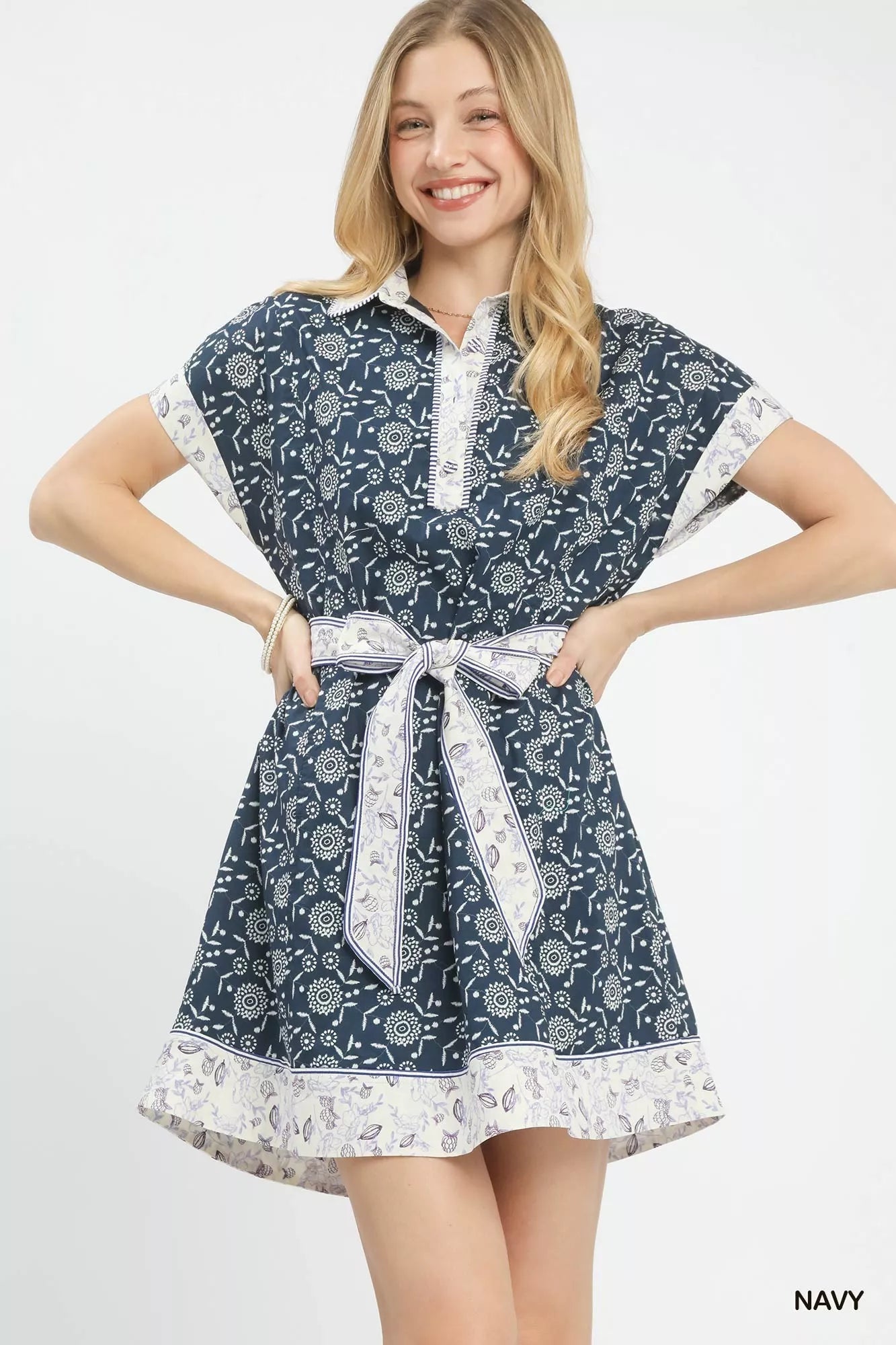 Umgee Border Print Belted Shirt Dress - Bitsy Gypsy Boutique