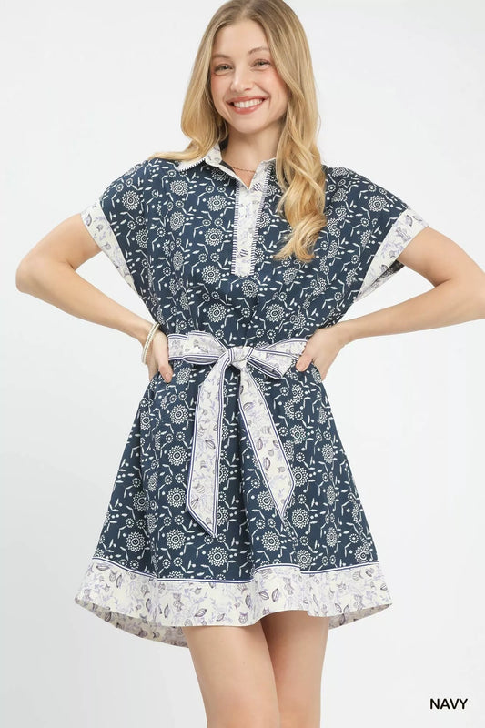 Umgee Border Print Belted Shirt Dress - Bitsy Gypsy Boutique