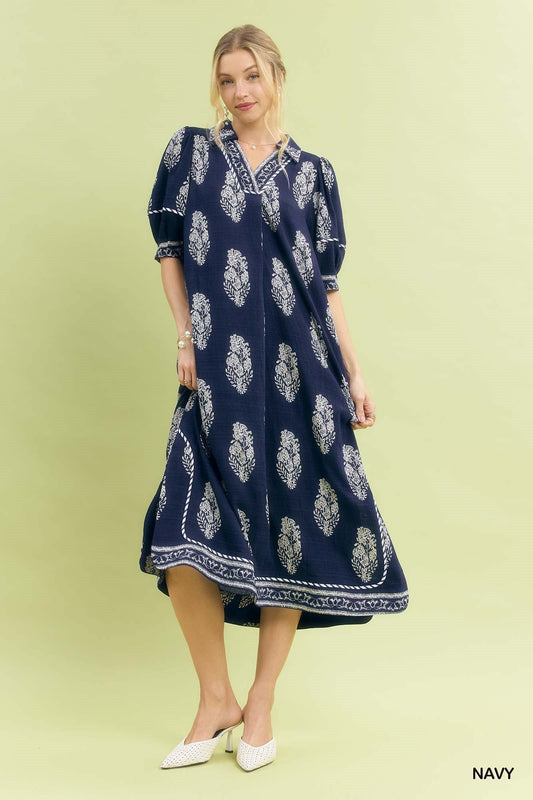 Umgee Border Print Collared Midi Dress - Bitsy Gypsy Boutique