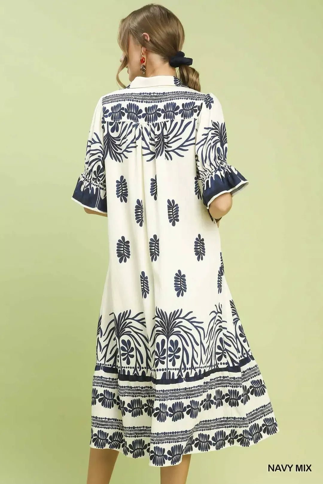 Umgee Border Print Midi Dress with Puff Sleeves - Bitsy Gypsy Boutique