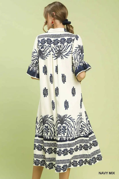 Umgee Border Print Midi Dress with Puff Sleeves - Bitsy Gypsy Boutique