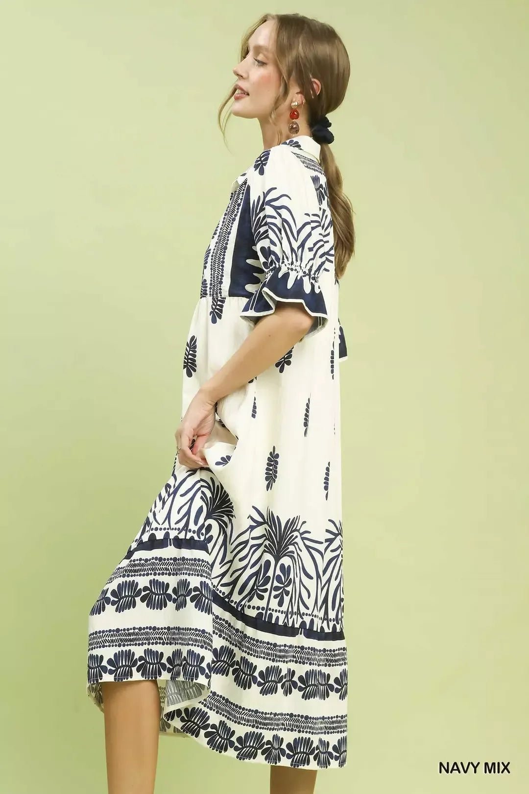 Umgee Border Print Midi Dress with Puff Sleeves - Bitsy Gypsy Boutique