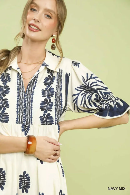Umgee Border Print Midi Dress with Puff Sleeves - Bitsy Gypsy Boutique