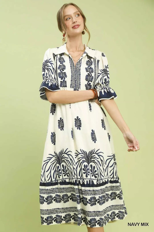 Umgee Border Print Midi Dress with Puff Sleeves - Bitsy Gypsy Boutique