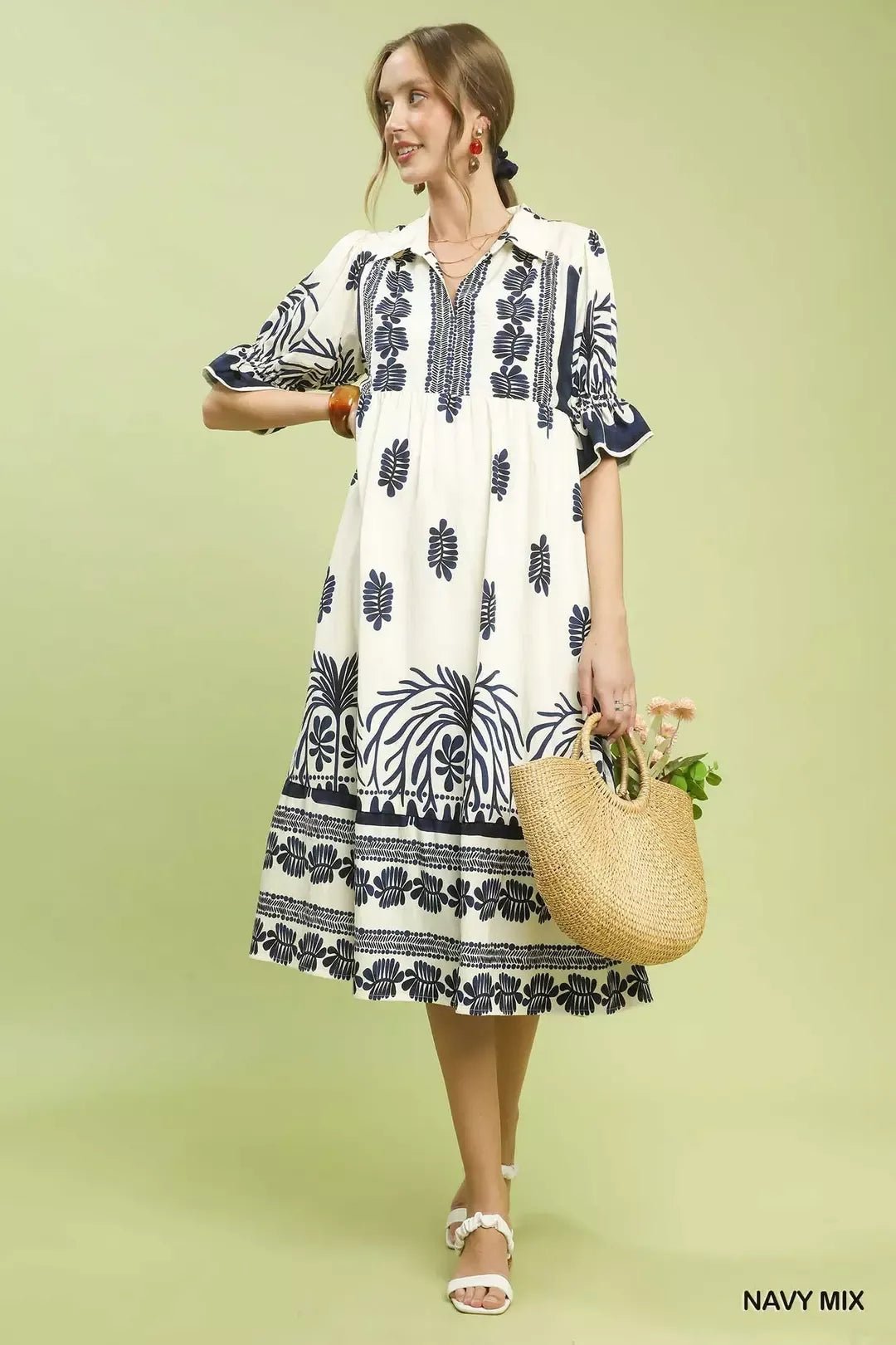Umgee Border Print Midi Dress with Puff Sleeves - Bitsy Gypsy Boutique