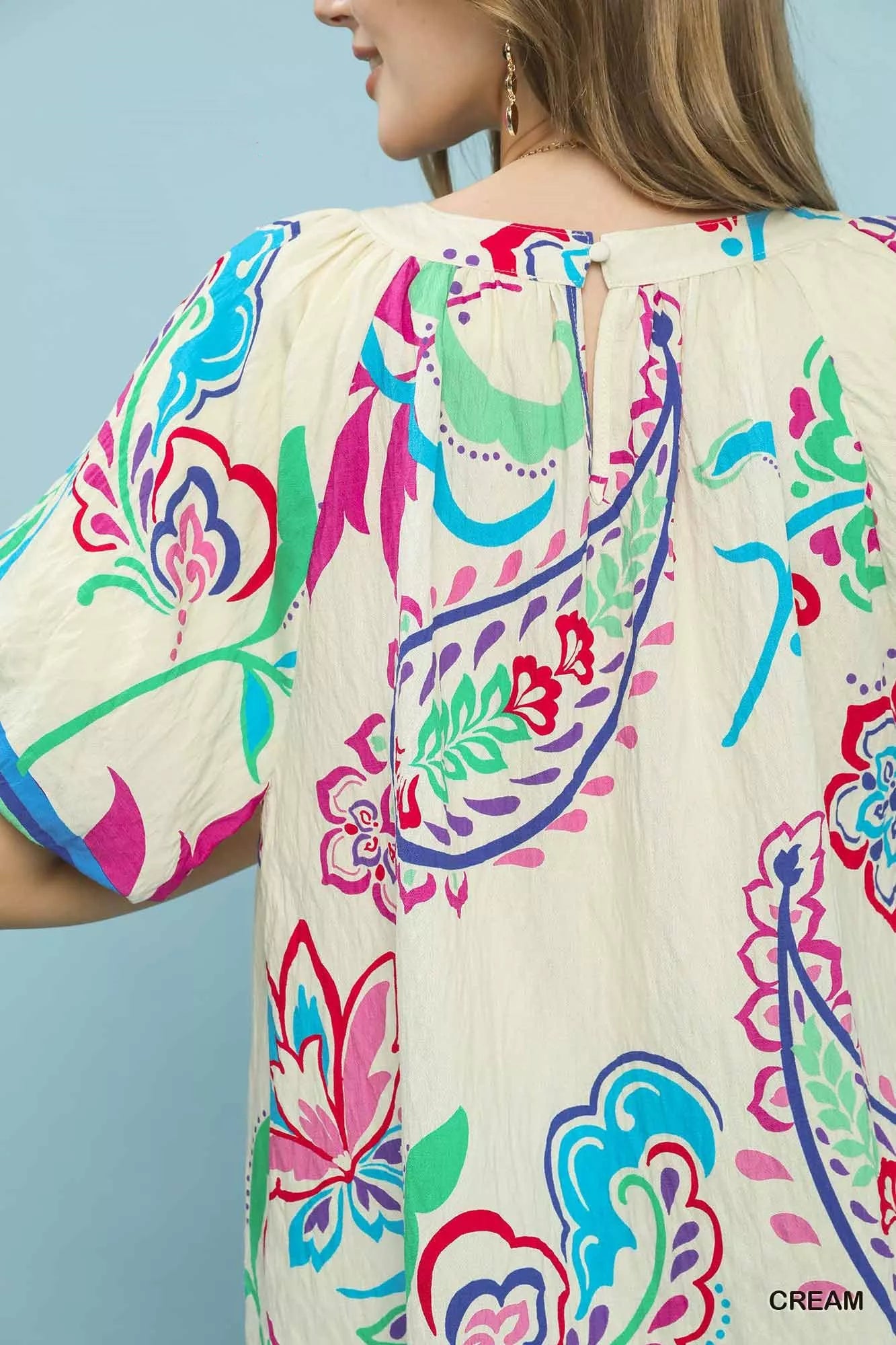 Umgee Border Print Puff Sleeve Blouse - Bitsy Gypsy Boutique