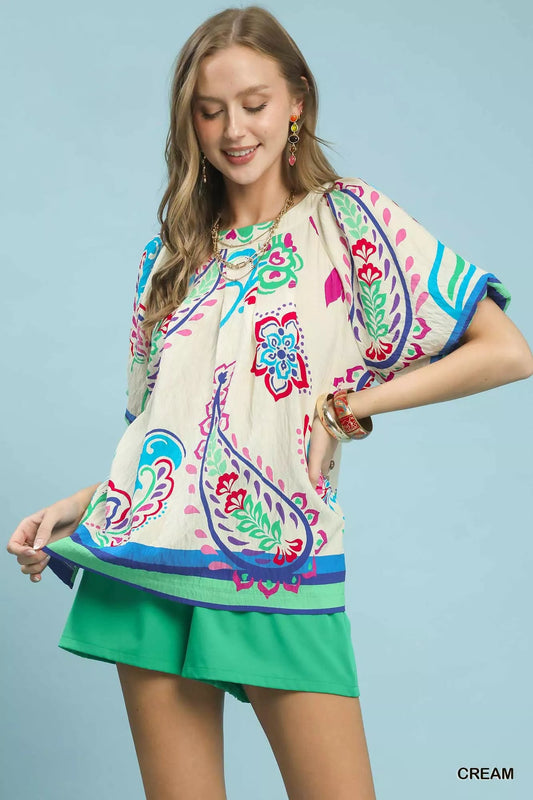 Umgee Border Print Puff Sleeve Blouse - Bitsy Gypsy Boutique