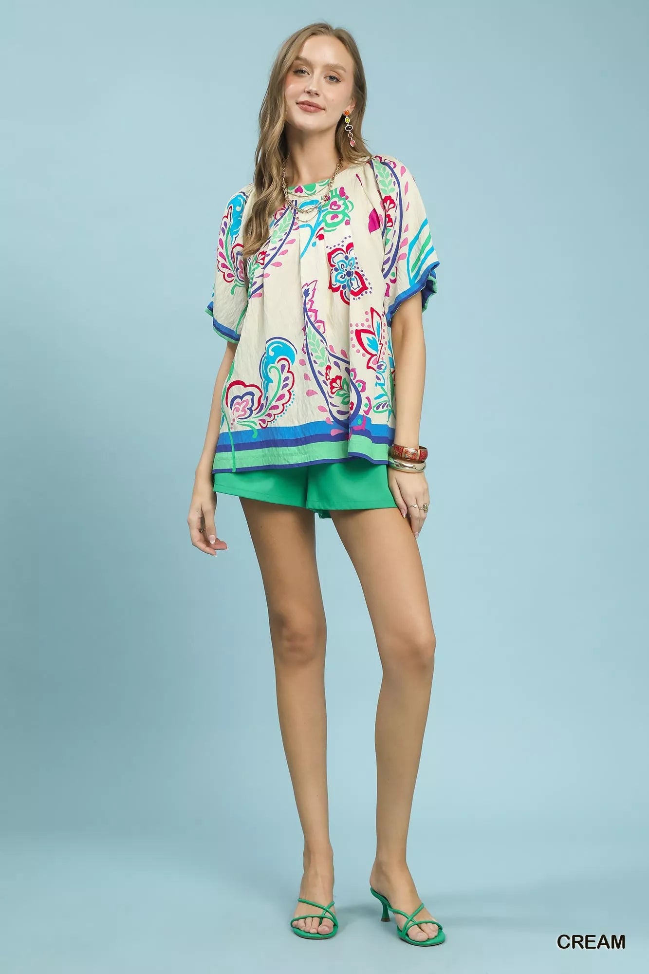 Umgee Border Print Puff Sleeve Blouse - Bitsy Gypsy Boutique