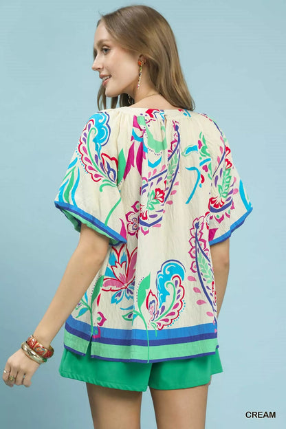 Umgee Border Print Puff Sleeve Blouse - Bitsy Gypsy Boutique