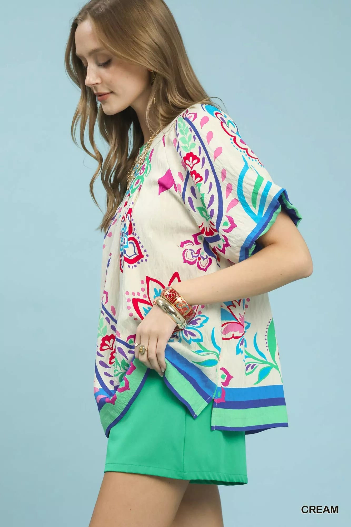 Umgee Border Print Puff Sleeve Blouse - Bitsy Gypsy Boutique