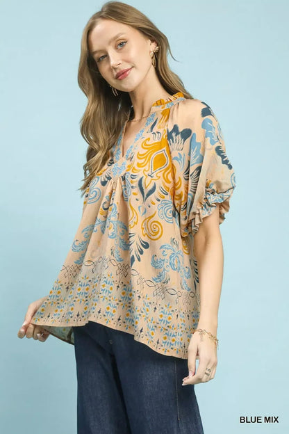 Umgee Border Print Puff Sleeve V - Neck Blouse - Bitsy Gypsy Boutique
