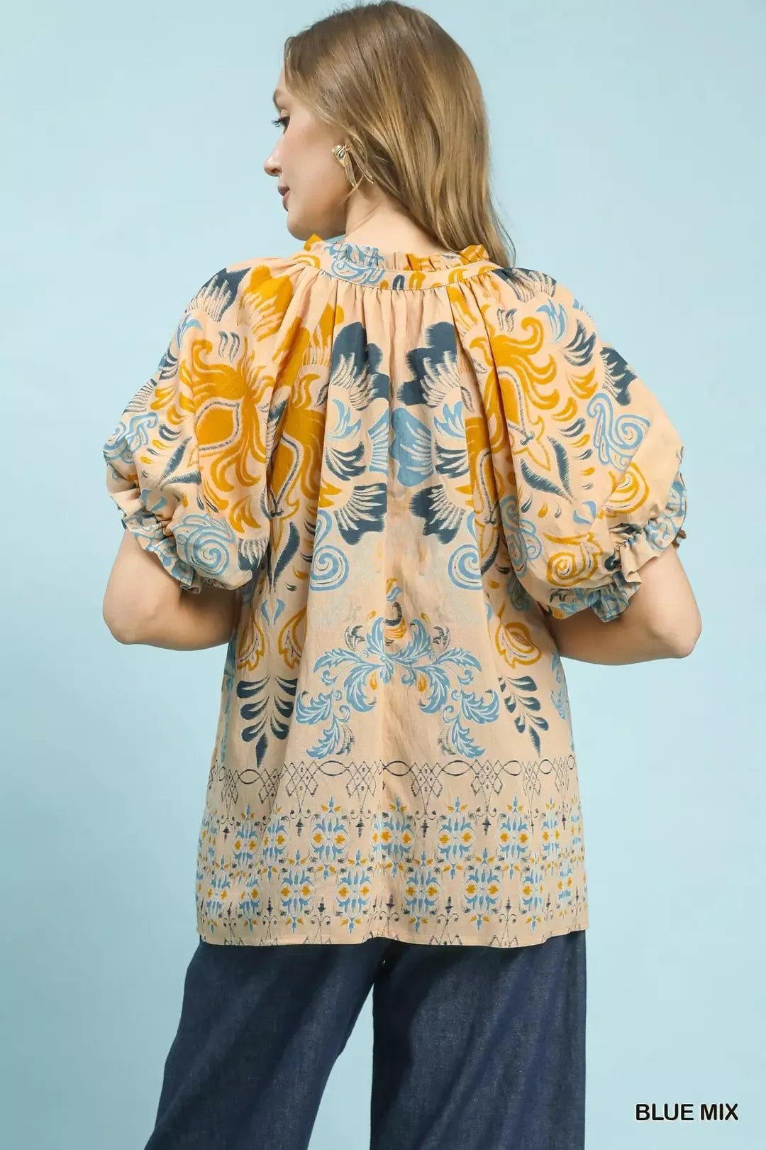 Umgee Border Print Puff Sleeve V - Neck Blouse - Bitsy Gypsy Boutique