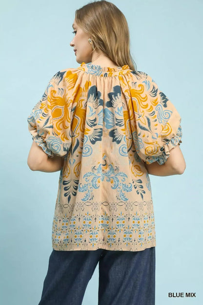 Umgee Border Print Puff Sleeve V - Neck Blouse - Bitsy Gypsy Boutique