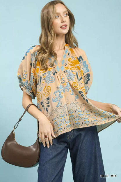 Umgee Border Print Puff Sleeve V - Neck Blouse - Bitsy Gypsy Boutique