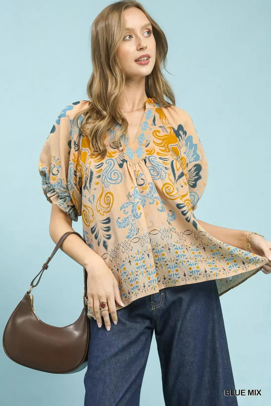 Umgee Border Print Puff Sleeve V - Neck Blouse - Bitsy Gypsy Boutique