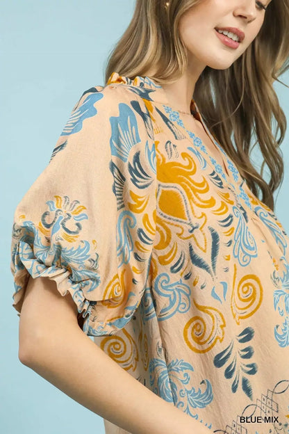 Umgee Border Print Puff Sleeve V - Neck Blouse - Bitsy Gypsy Boutique