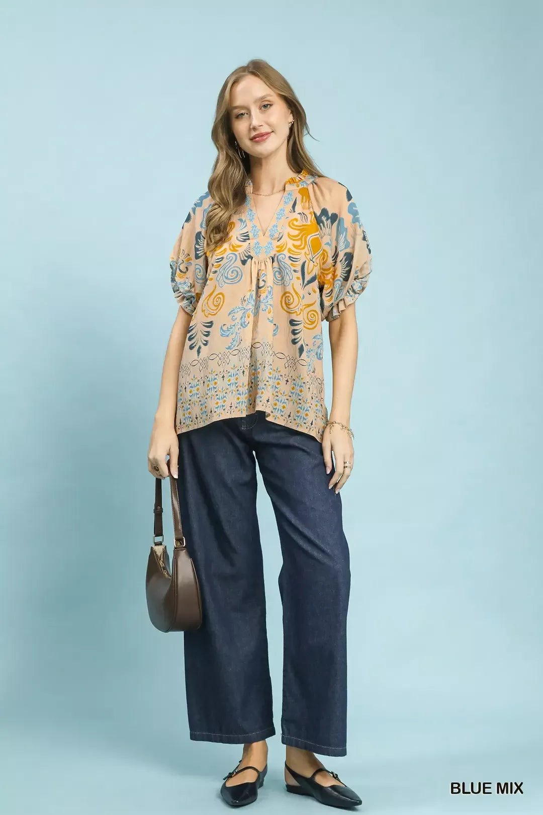 Umgee Border Print Puff Sleeve V - Neck Blouse - Bitsy Gypsy Boutique
