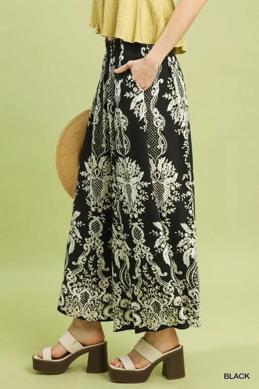 Umgee Border Print Wide Leg Pants - Bitsy Gypsy Boutique