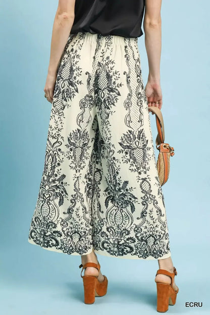 Umgee Border Print Wide Leg Pants - Bitsy Gypsy Boutique