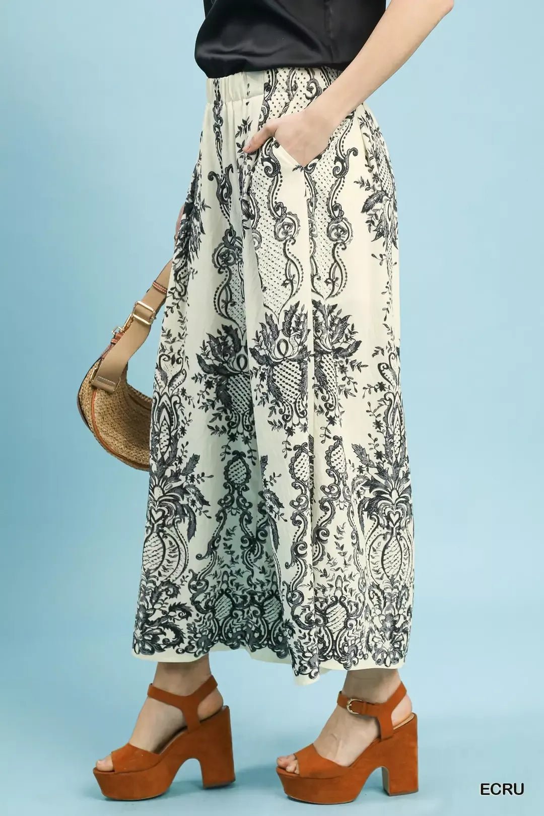 Umgee Border Print Wide Leg Pants - Bitsy Gypsy Boutique