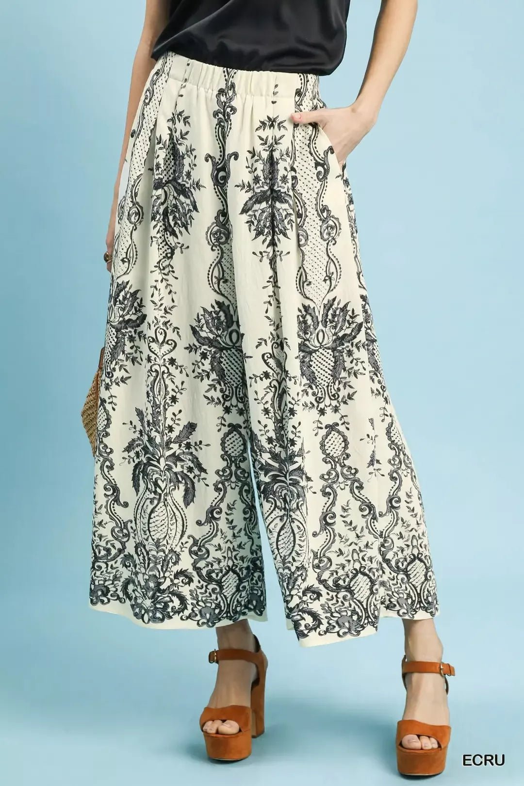Umgee Border Print Wide Leg Pants - Bitsy Gypsy Boutique