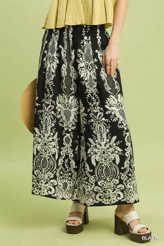 Umgee Border Print Wide Leg Pants - Bitsy Gypsy Boutique