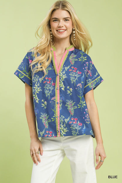 Umgee Botanical Floral Button Front Top - Bitsy Gypsy Boutique